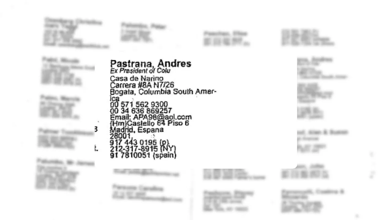 Folio 47 de El libro negro de Jeffrey Epstein, donde aparecen datos asociados a Andrés Pastrana, expresidente de Colombia.